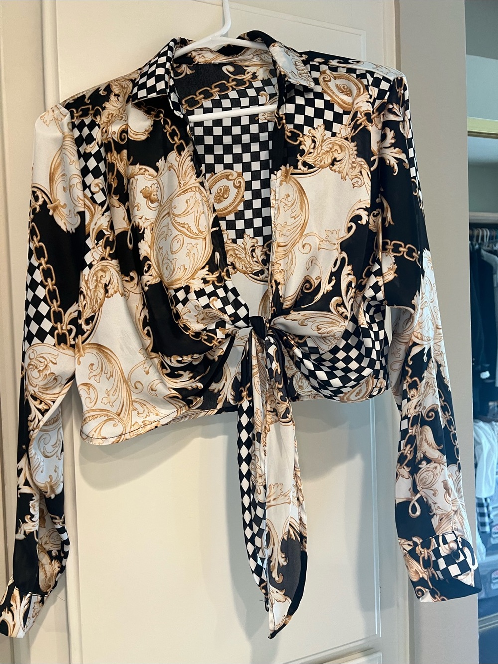 Timing Black, Cream & Gold Tie-Front Baroque Blouse